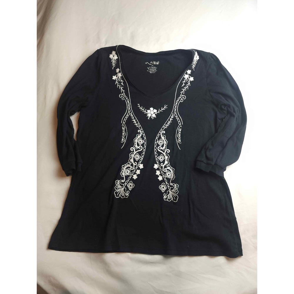 RXB Womens XXL Black Cotton Embroidered Floral Long Sleeve Scoop Neck Top
